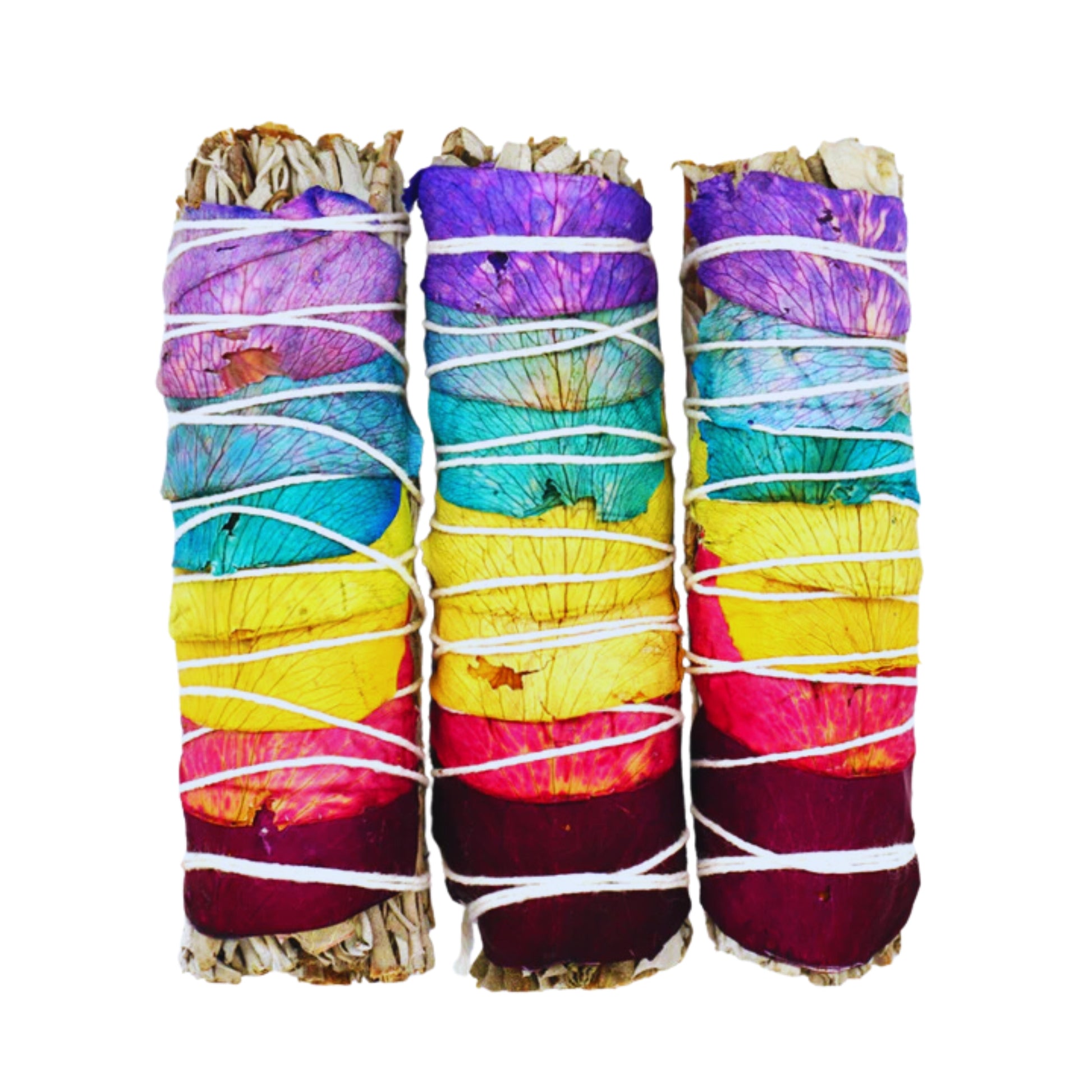 Rainbow 7 Chakras Rose Petals & White Sage 4″ Smudge Sticks Bundle