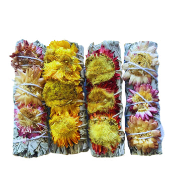Straw Flowers & White Sage 4" Smudge Sticks