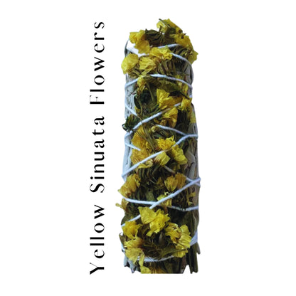 Yellow Sinuata Flowers and White Sage 4" Smudge Sticks Bundle for Positive Energy