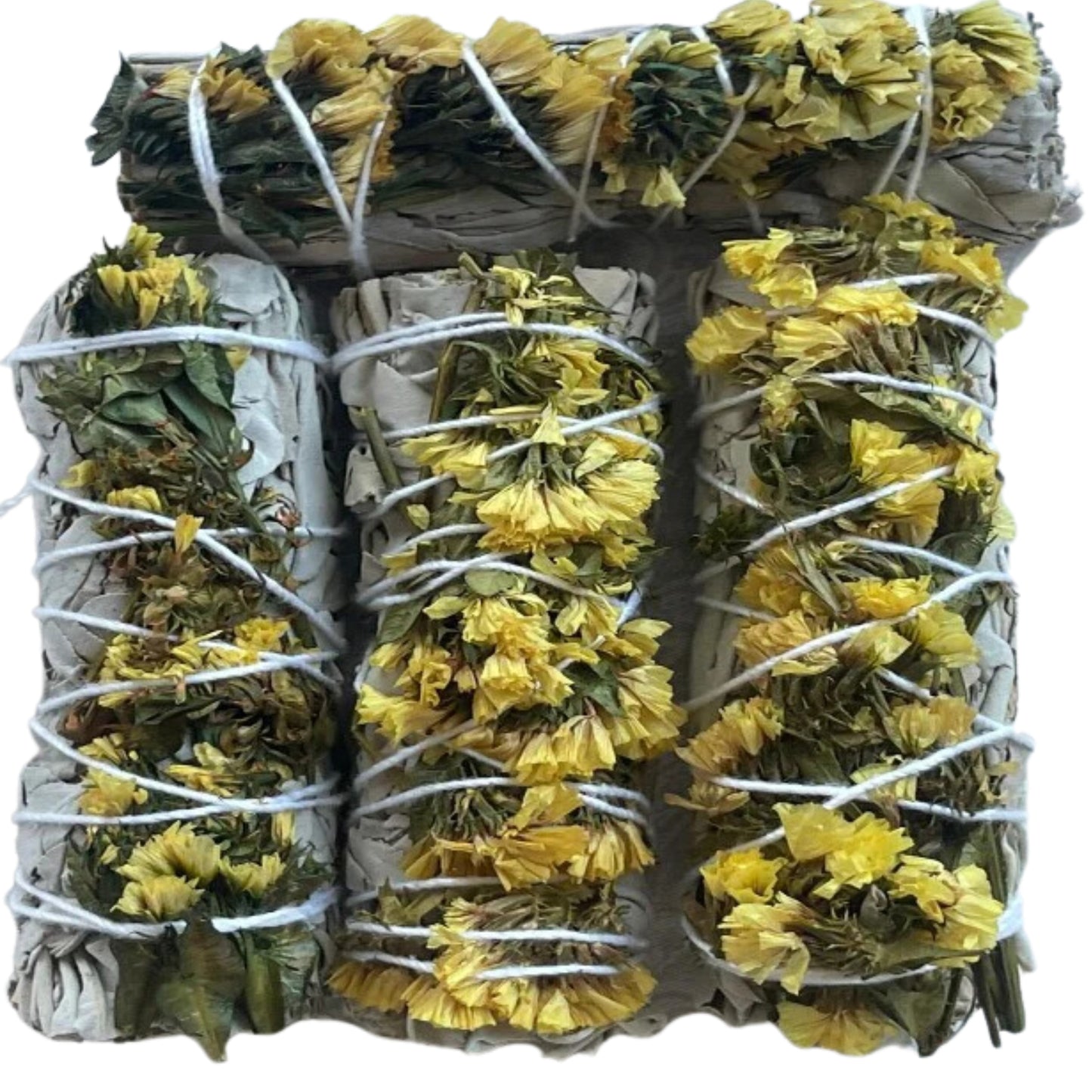 Yellow Sinuata Flowers and White Sage 4" Smudge Sticks Bundle for Positive Energy