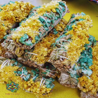 Yellow Mullein, Green Sinuata, and White Sage 4″ Smudge Sticks