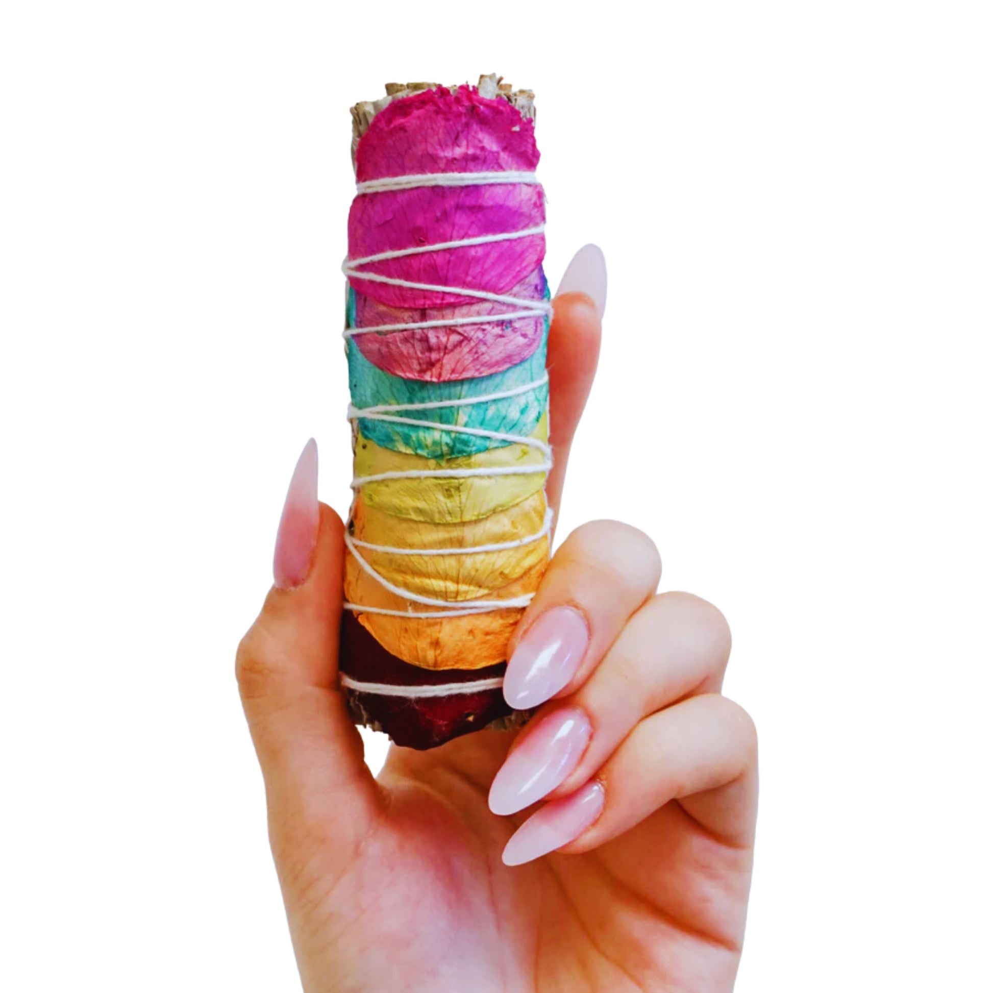 Rainbow 7 Chakras Rose Petals & White Sage 4″ Smudge Sticks Bundle