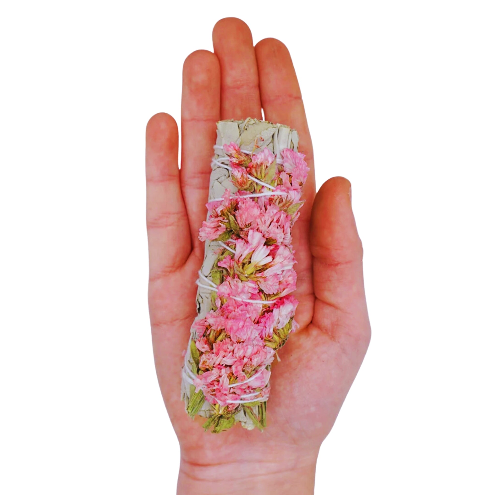 Pink Straw Flowers and White Sage Smudge Sticks Bundle Eternal Essence